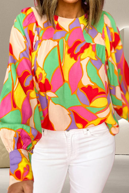 Contrast Print Round Neck Long Sleeve Blouse – product image 1