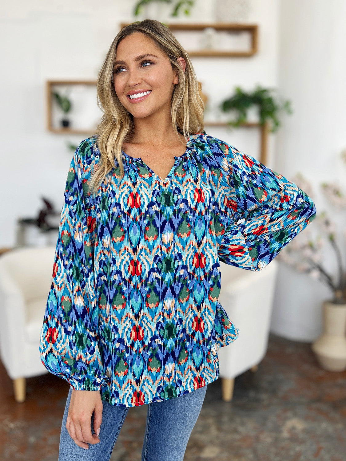 Double Take Full Size Printed Balloon Sleeve Blouse – product image 9