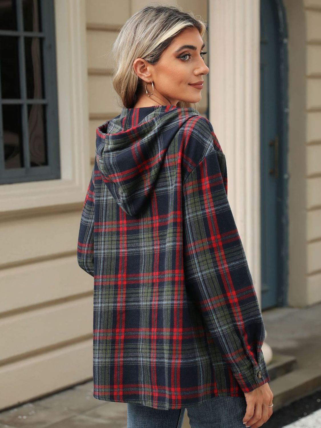 Drawstring Plaid Hooded Long Sleeve Top – product image 12