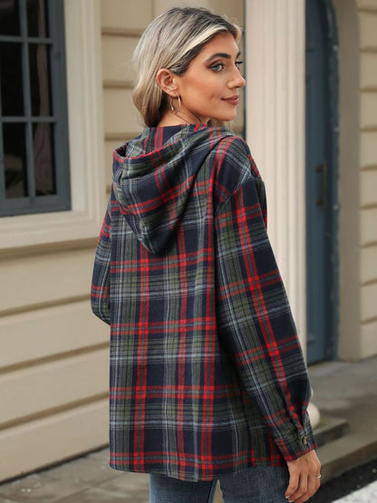 Drawstring Plaid Hooded Long Sleeve Top – product image 12
