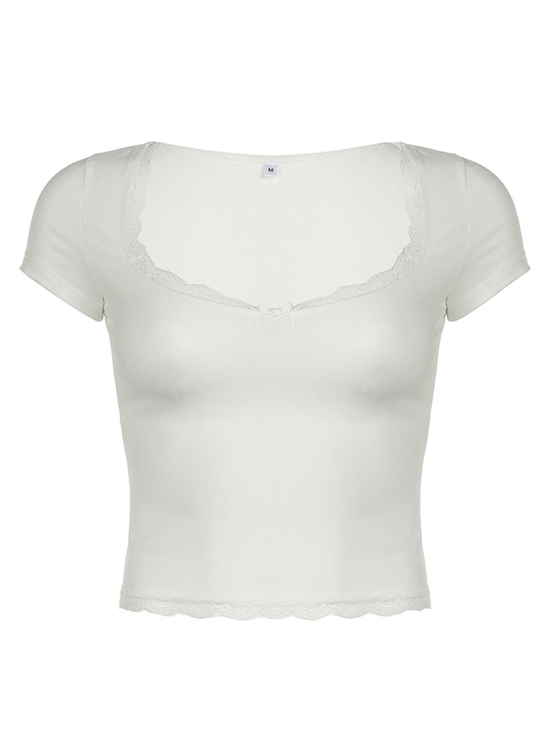 Lace Detail Sweetheart Neck Short Sleeve T-Shirt