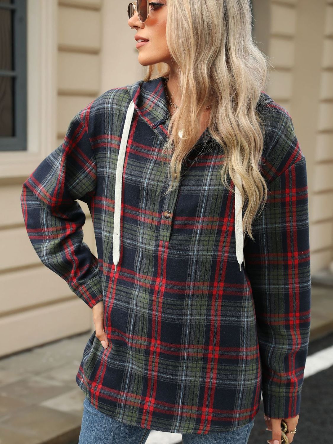 Drawstring Plaid Hooded Long Sleeve Top – product image 8