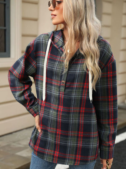 Drawstring Plaid Hooded Long Sleeve Top – product image 8