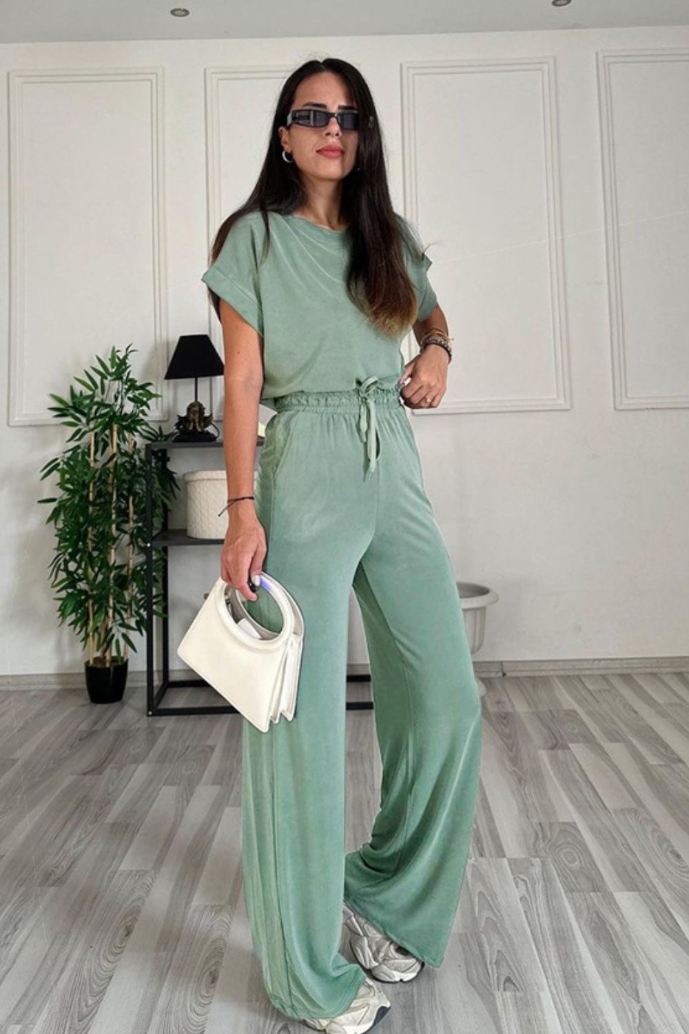 Round Neck Short Sleeve Top and Drawstring Pants Set – product image 16