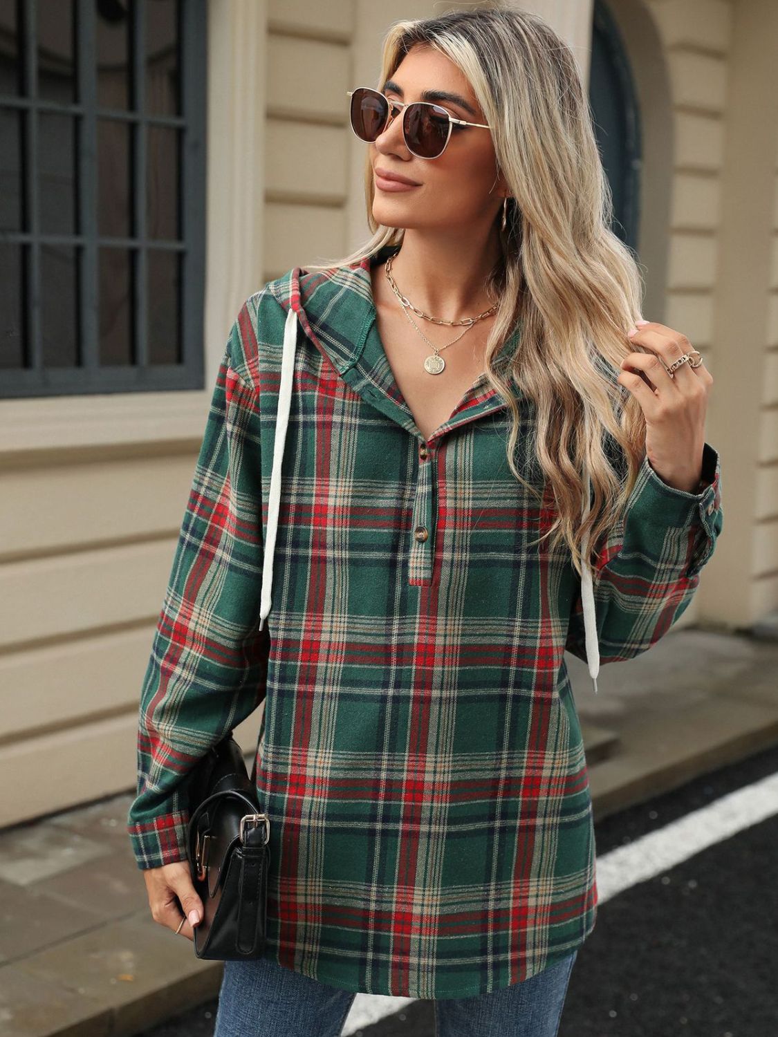 Drawstring Plaid Hooded Long Sleeve Top – product image 6
