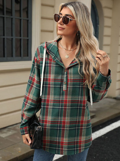 Drawstring Plaid Hooded Long Sleeve Top – product image 6