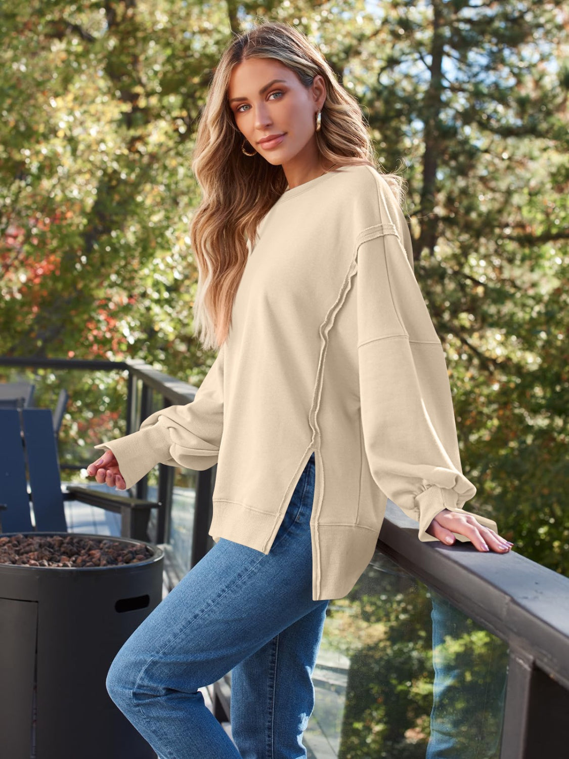 Slit Round Neck Long Sleeve Sweatshirt – product image 11