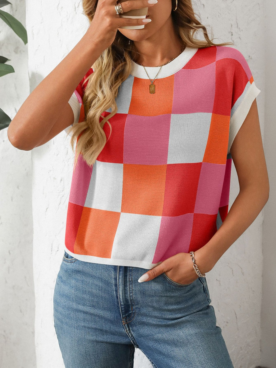 Mandy Checkered Round Neck Cap Sleeve Knit Top – product image 11