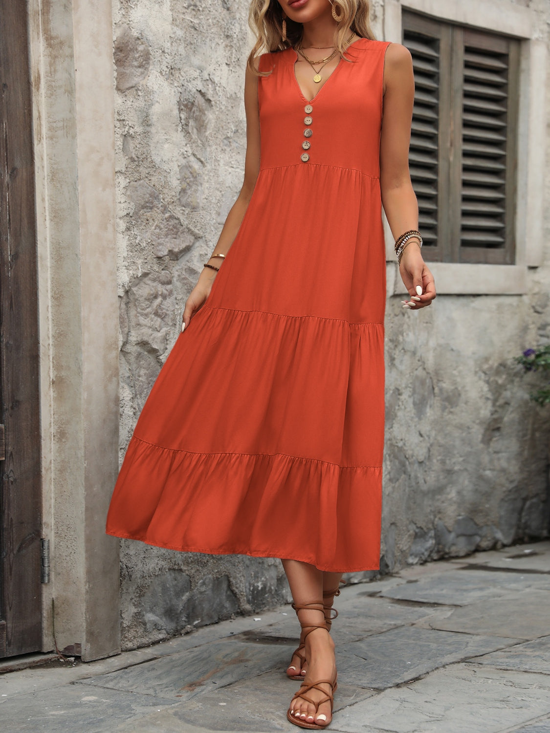 Decorative Button Notched Sleeveless Dress – product image 6