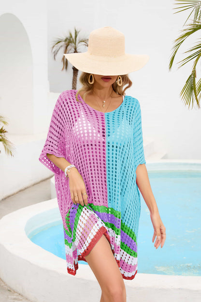 Contrast Scoop Neck Openwork Half Sleeve Cover Up – product image 13