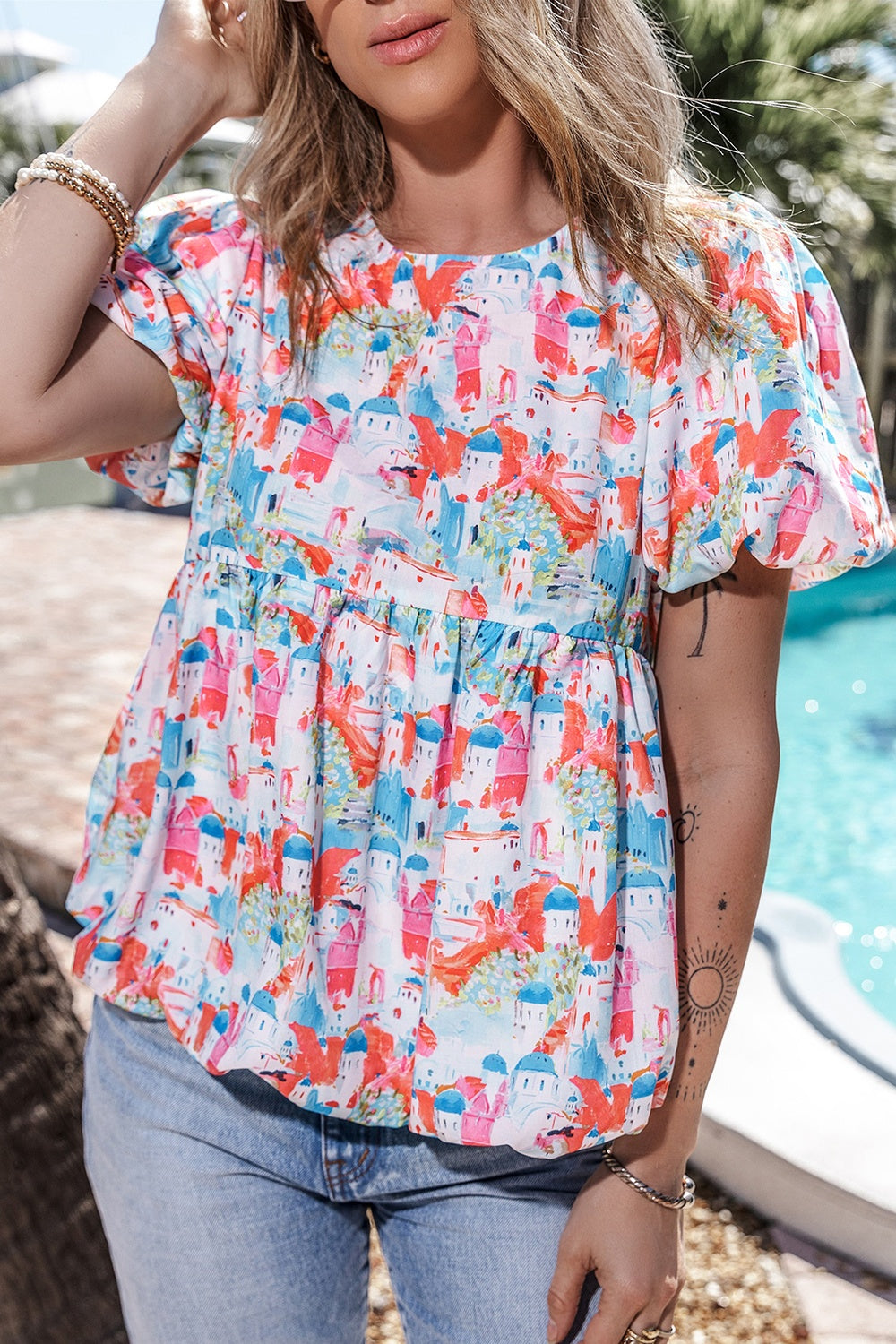 Printed Round Neck Puff Sleeve Blouse – product image 4