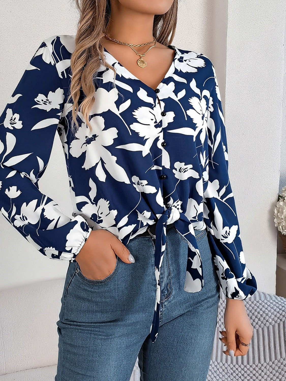 Printed V-Neck Long Sleeve Blouse – product image 13