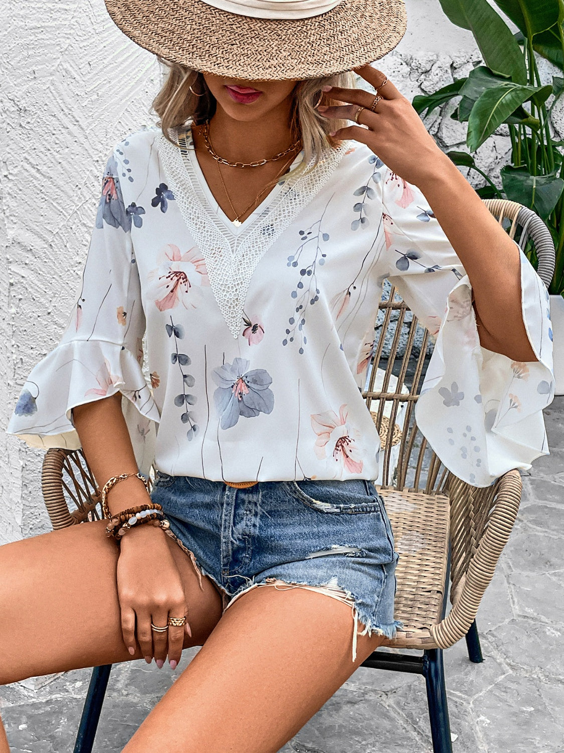 Ruffled Printed V-Neck Half Sleeve Blouse – product image 2