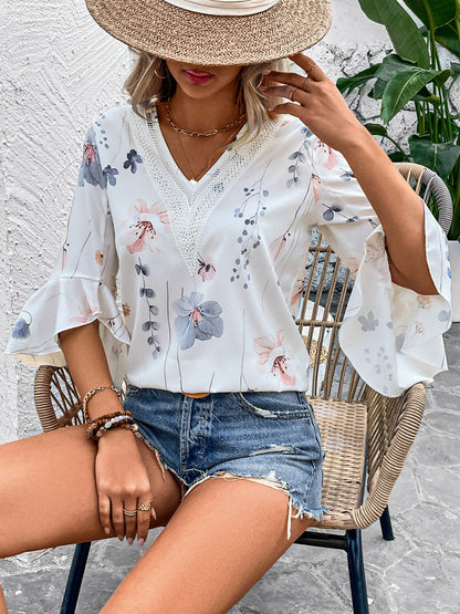 Ruffled Printed V-Neck Half Sleeve Blouse – product image 2