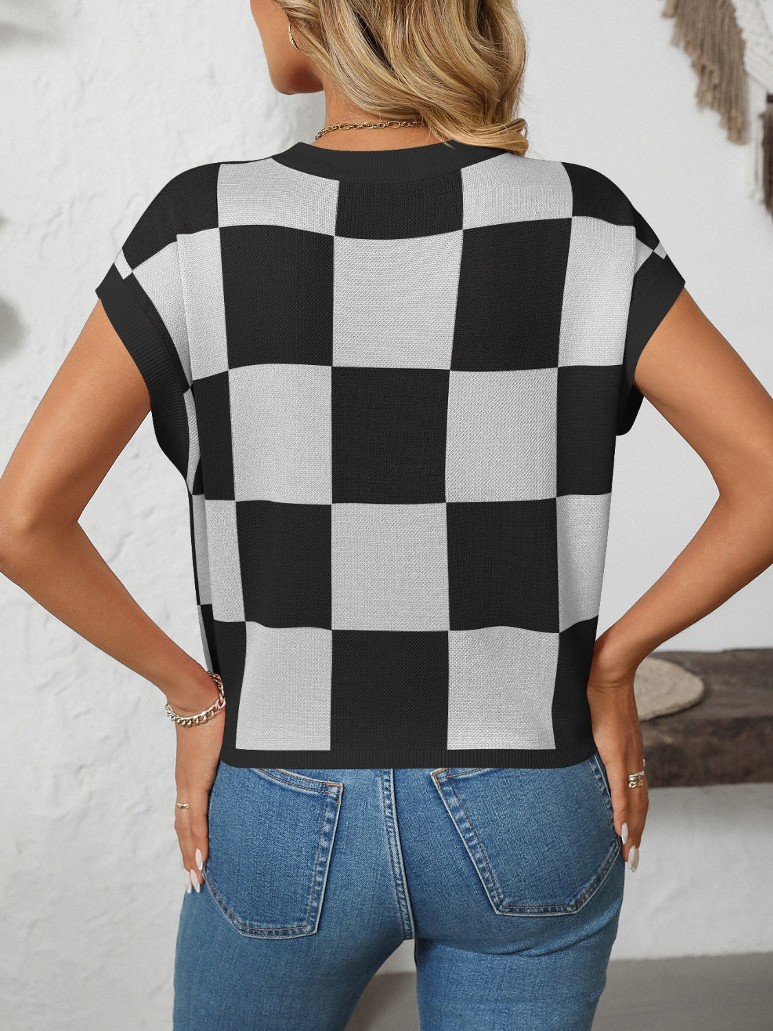 Mandy Checkered Round Neck Cap Sleeve Knit Top – product image 13