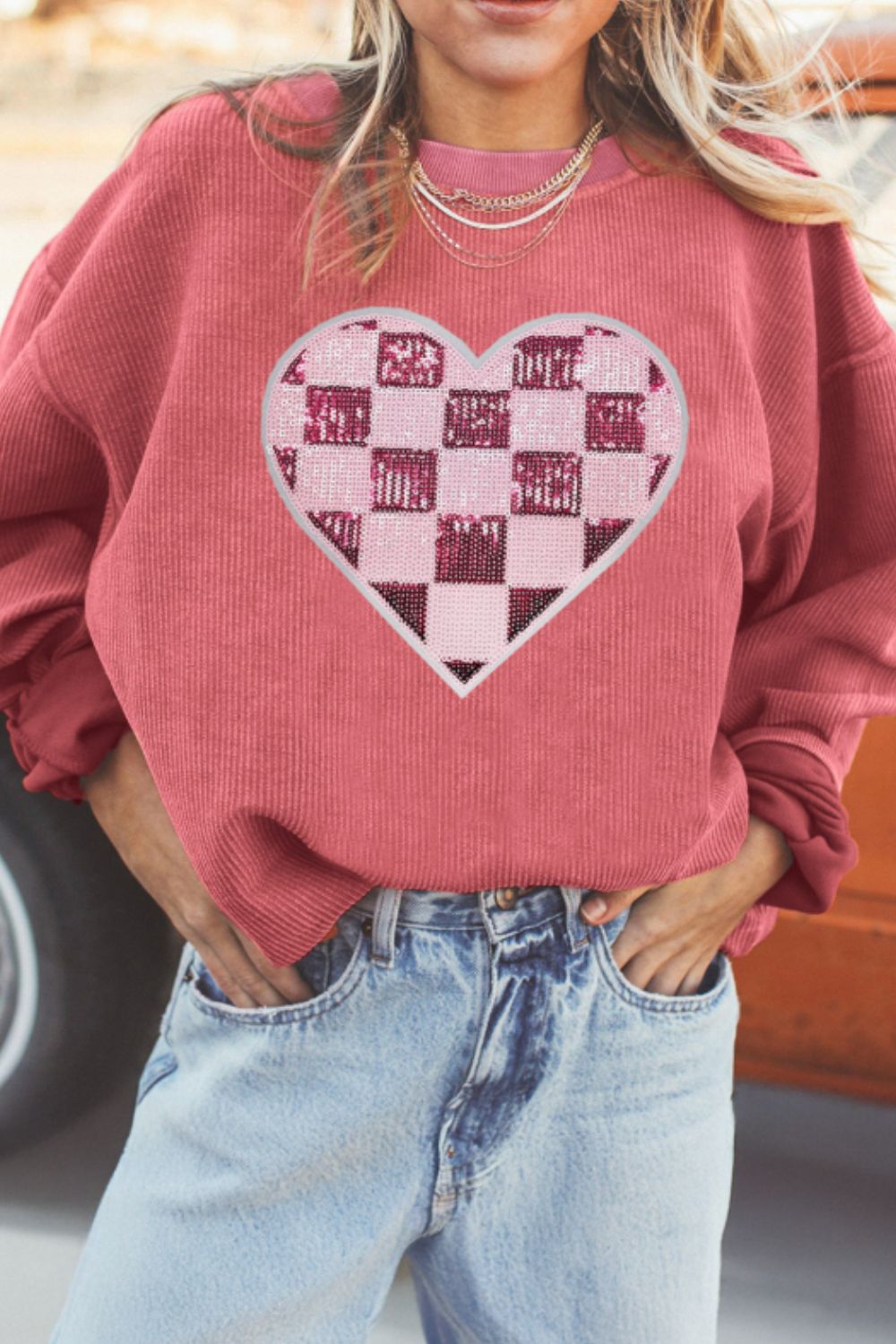 Valentine’s Day Sequin Checkered Heart Long Sleeve Sweatshirt – product image 1