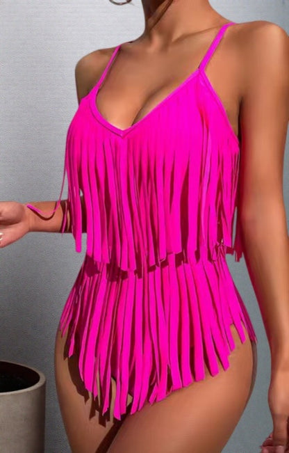 V-neck Figure-hugging Backless Swimsuit With Tassel Detailing