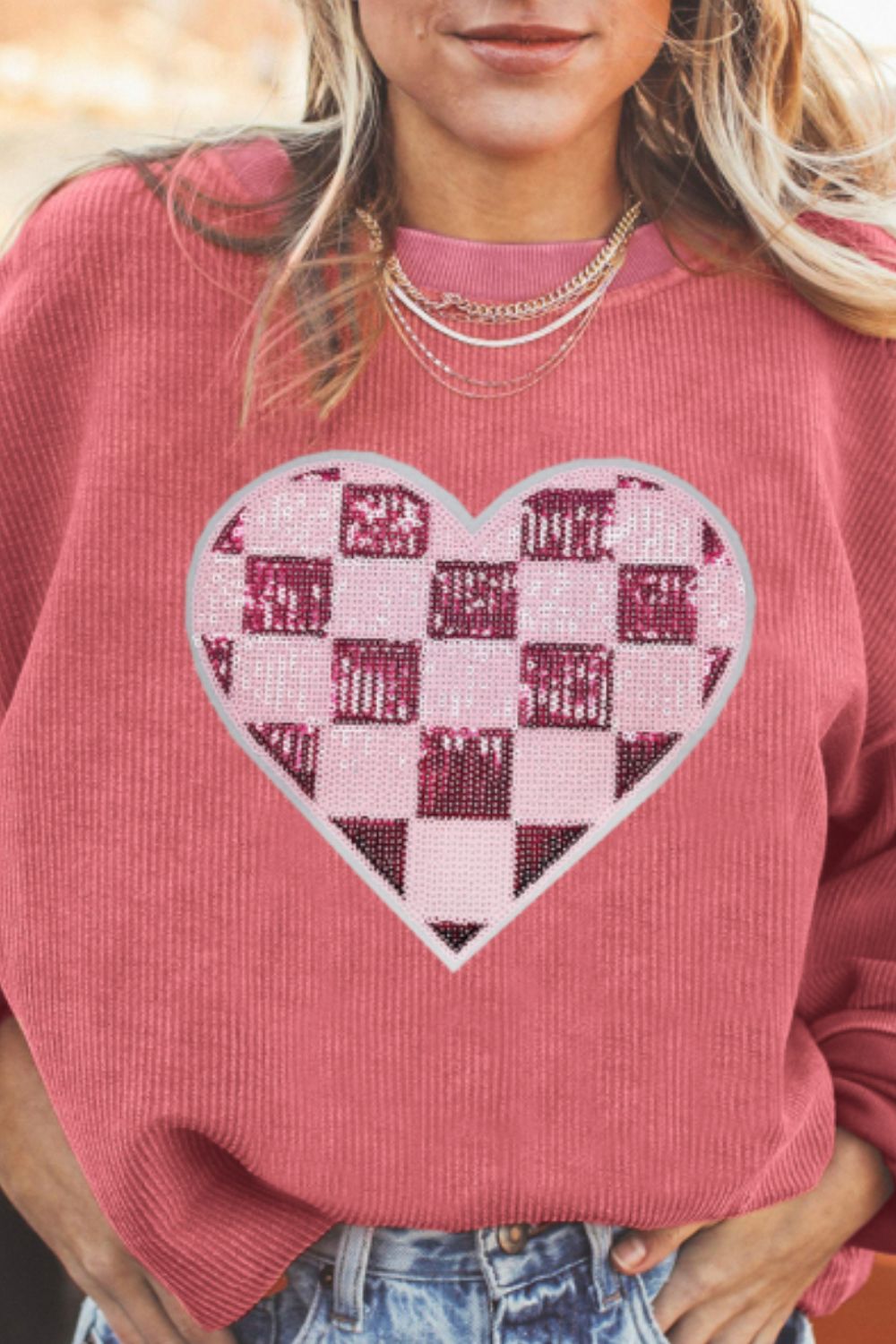 Valentine’s Day Sequin Checkered Heart Long Sleeve Sweatshirt – product image 2