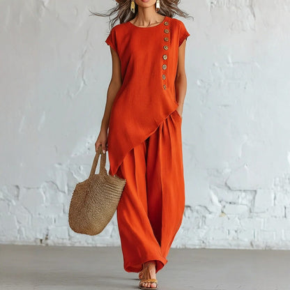 Womens Solid-Color Crew-Neck Buttoned Short-Sleeve Wide-Leg Pants Set