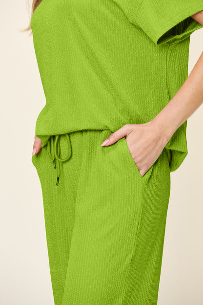 Double Take Full Size Texture Round Neck Short Sleeve T-Shirt and Wide Leg Pants – product image 16