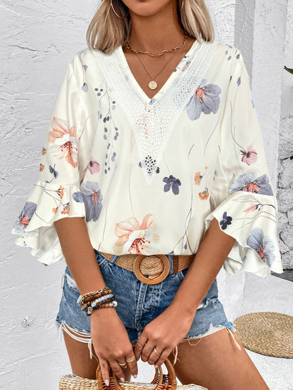 Ruffled Printed V-Neck Half Sleeve Blouse – product image 13