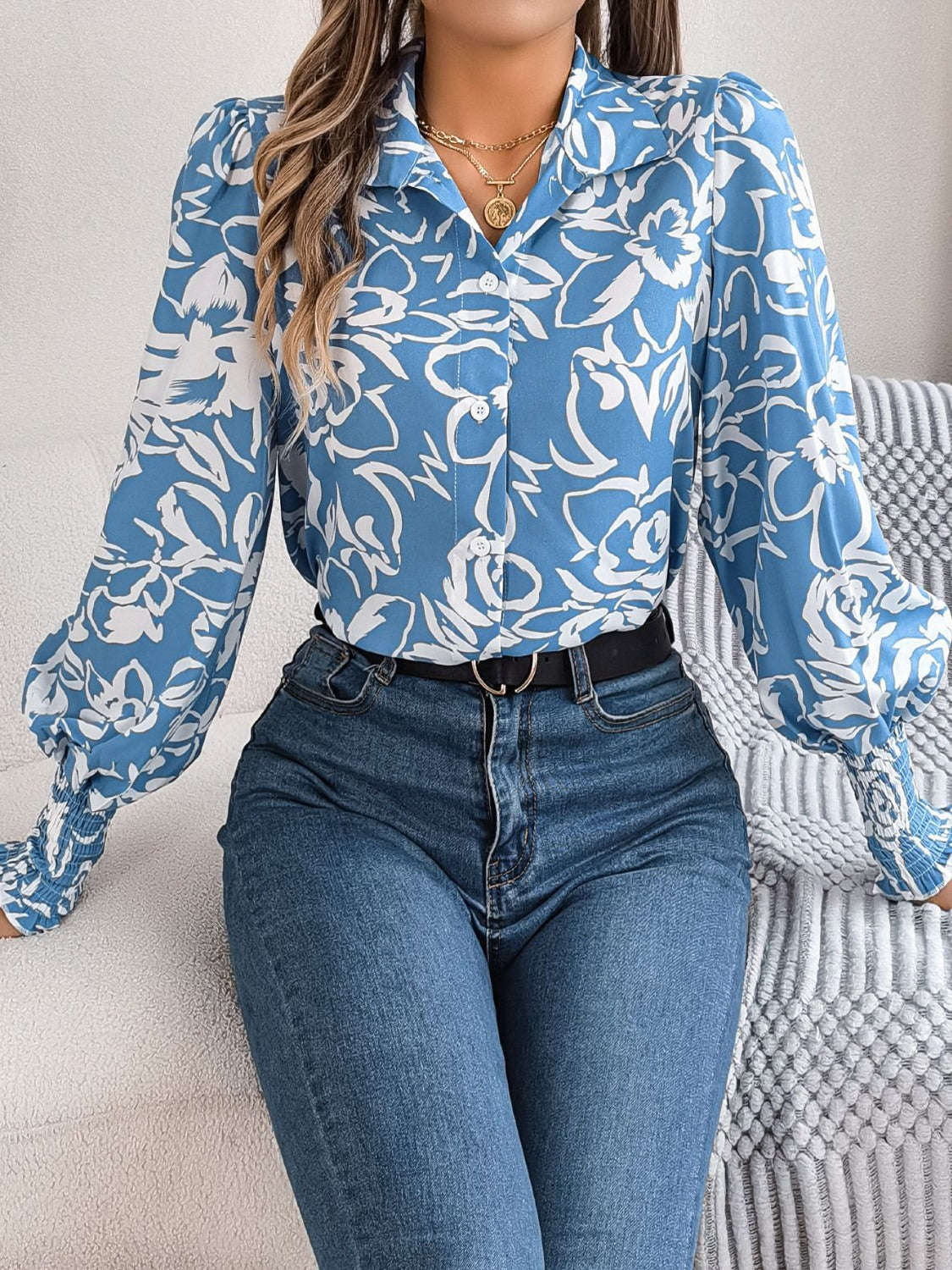 Printed Collared Neck Lantern Sleeve Shirt – product image 6