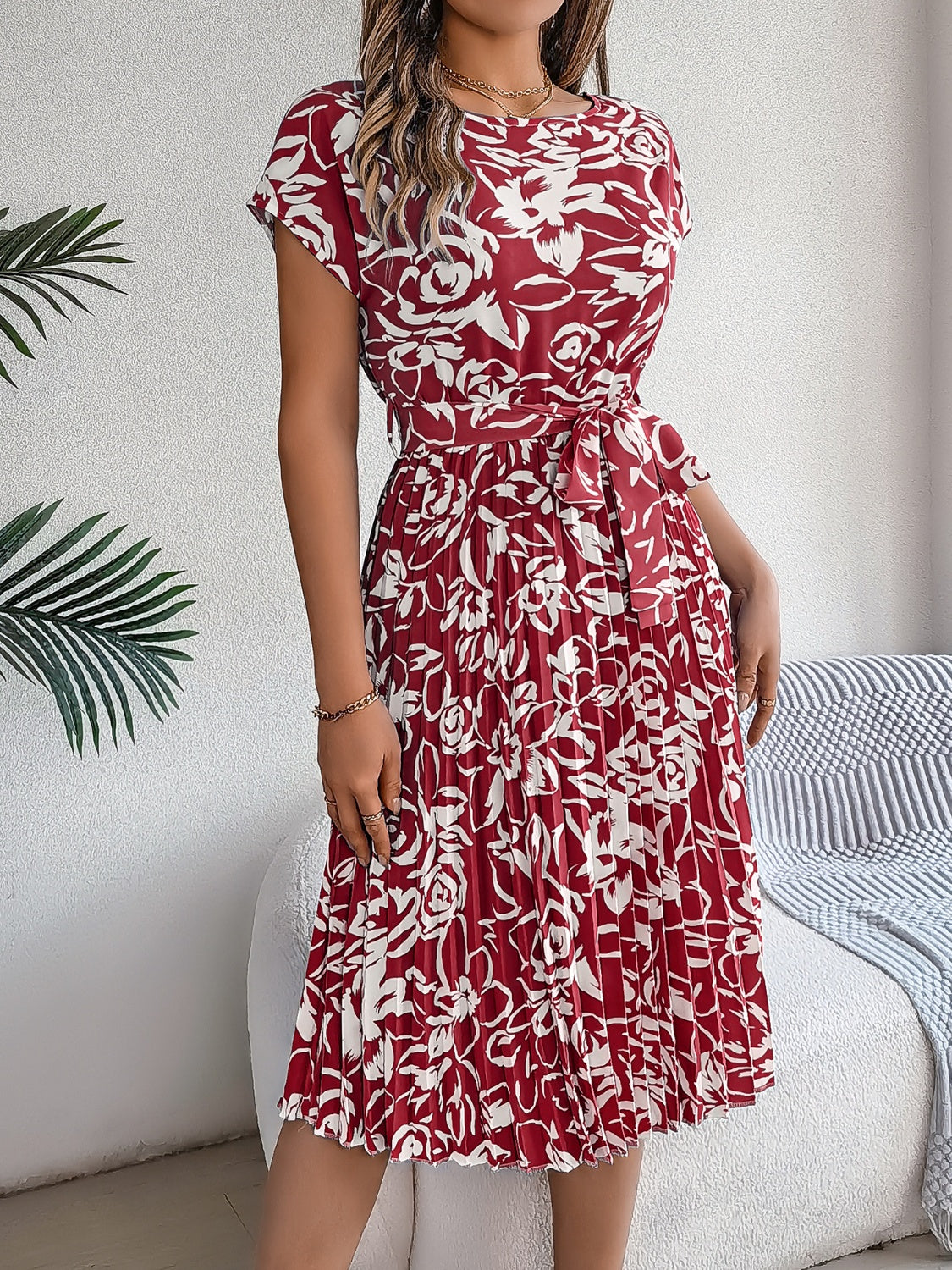 Tied Pleated Printed Short Sleeve Dress – product image 7