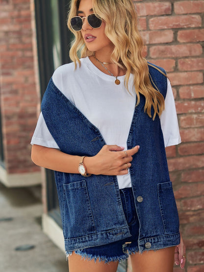 Full Size V-Neck Button Up Denim Vest – product image 2