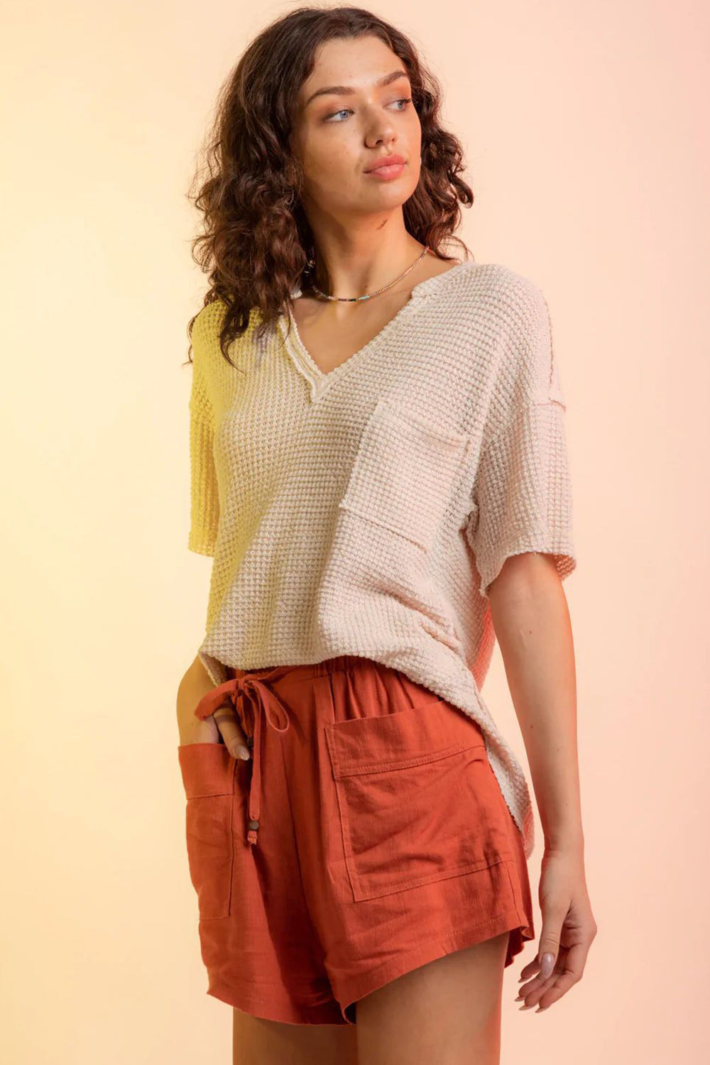 Waffle-Knit Notched Half Sleeve T-Shirt – product image 16