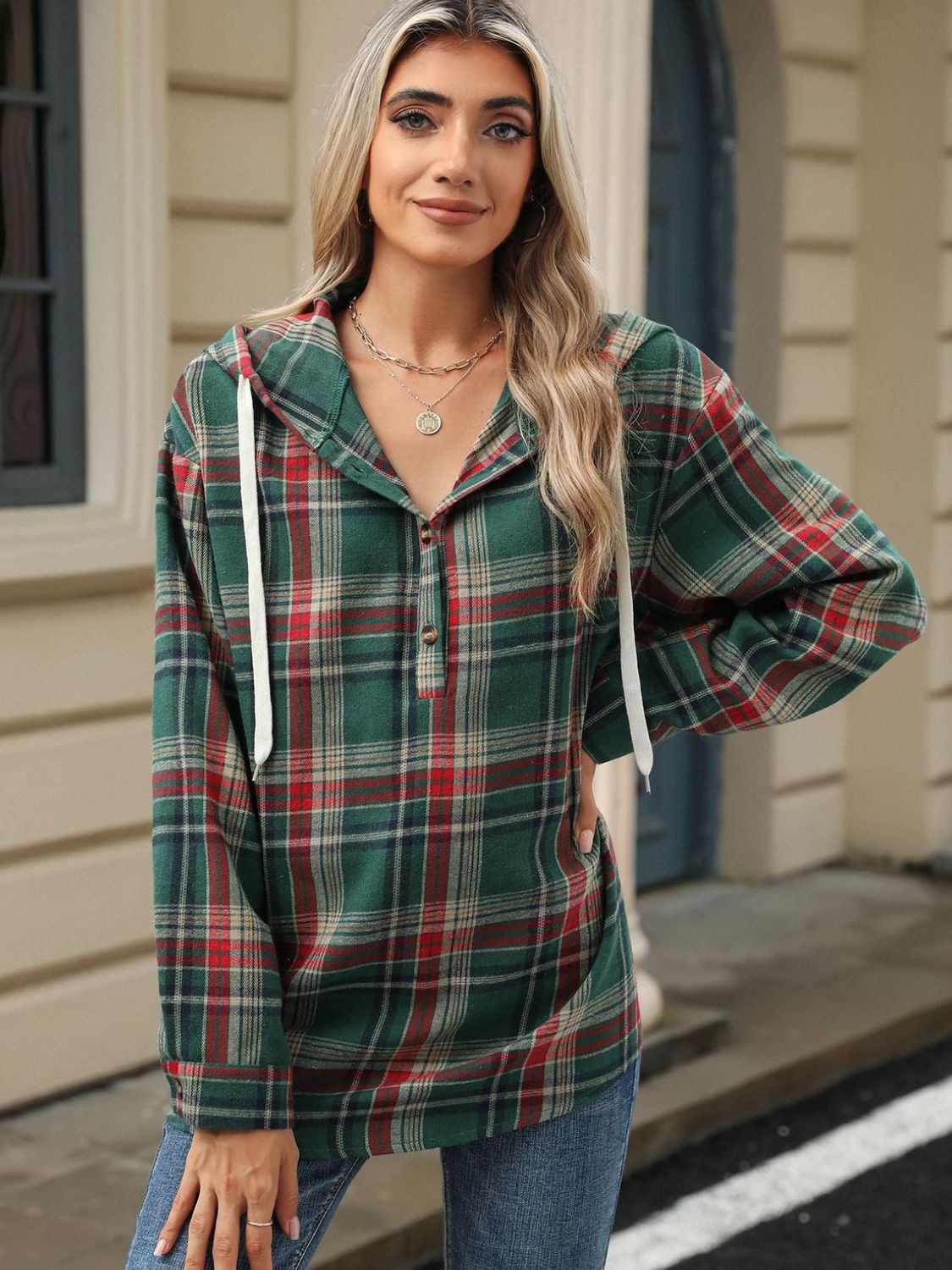 Drawstring Plaid Hooded Long Sleeve Top – product image 4