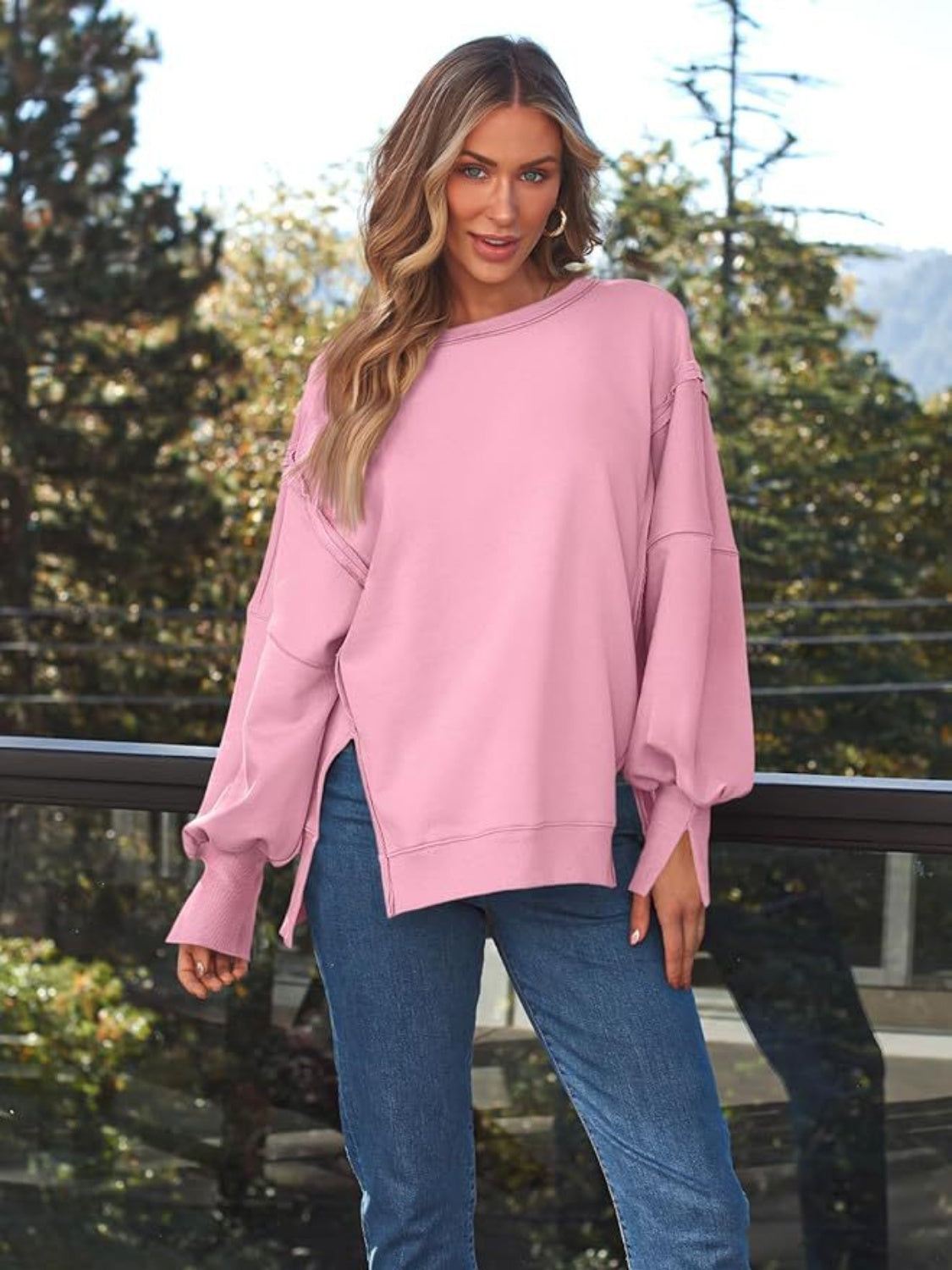 Slit Round Neck Long Sleeve Sweatshirt – product image 13