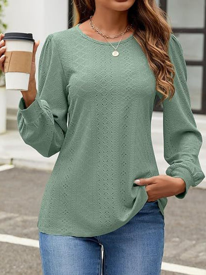 Eyelet Round Neck Long Sleeve Top – product image 17