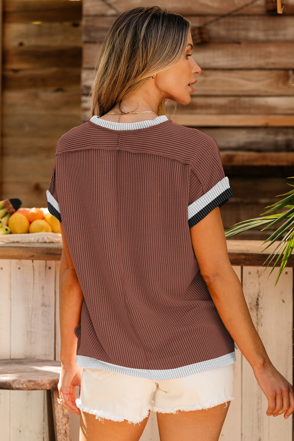 Color Block Round Neck Cap Sleeve T-Shirt – product image 6