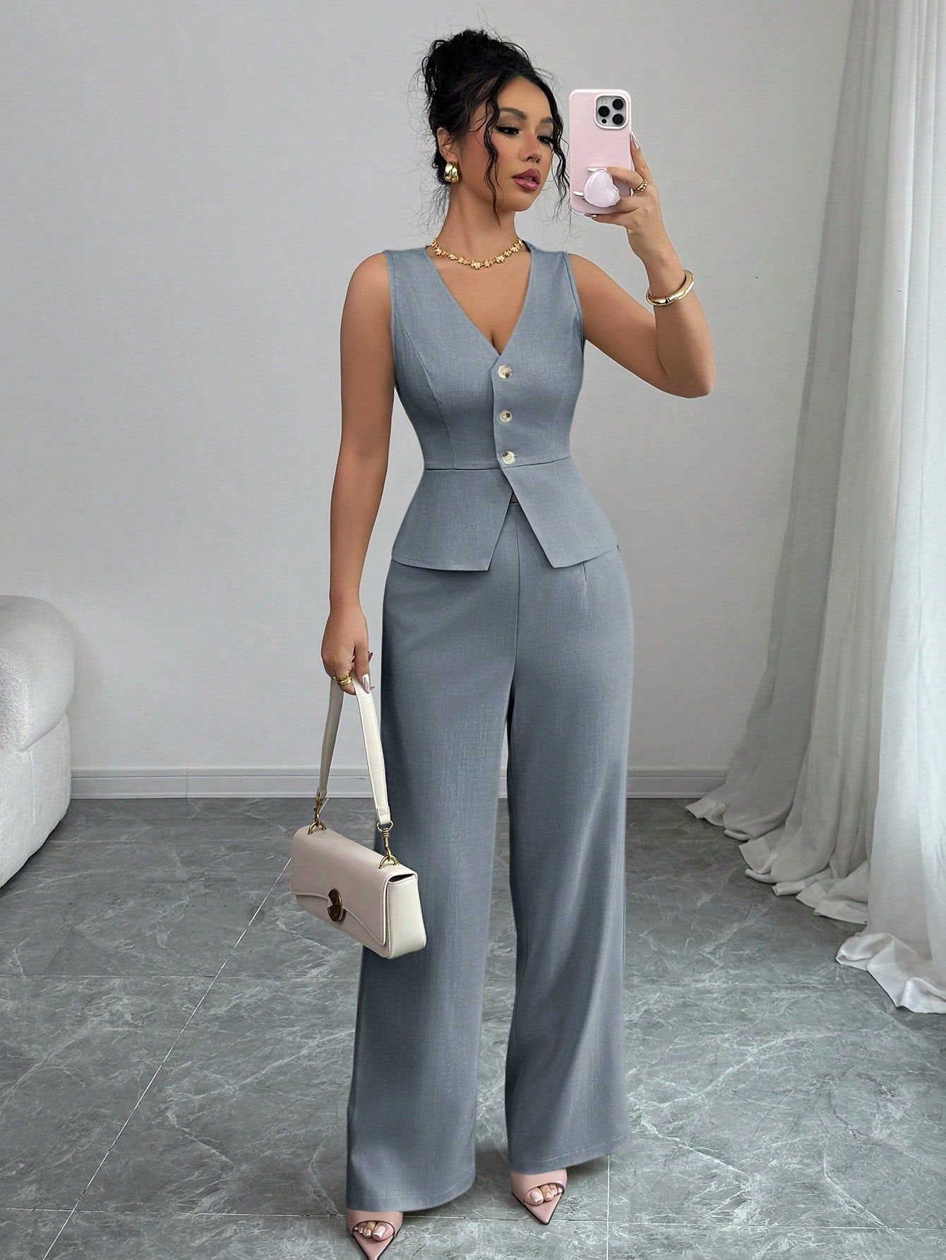 Summer Sleeveless Suit Slim V-neck Vest And High Waist Trousers Women's Two-piece Set