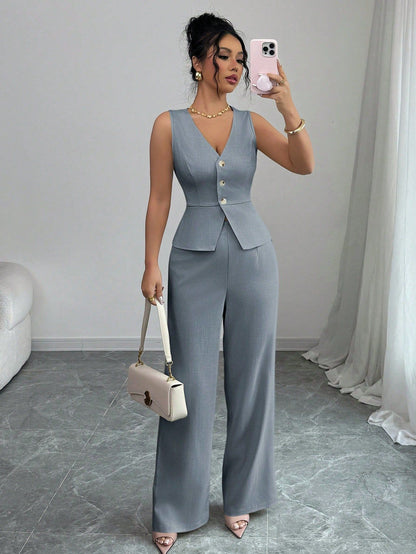 Summer Sleeveless Suit Slim V-neck Vest And High Waist Trousers Women's Two-piece Set