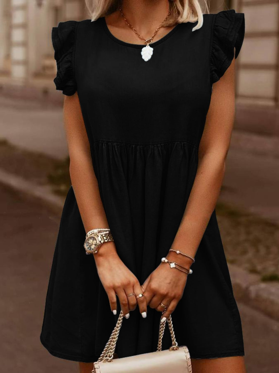 Full Size Ruffled Round Neck Cap Sleeve Denim Dress – product image 10