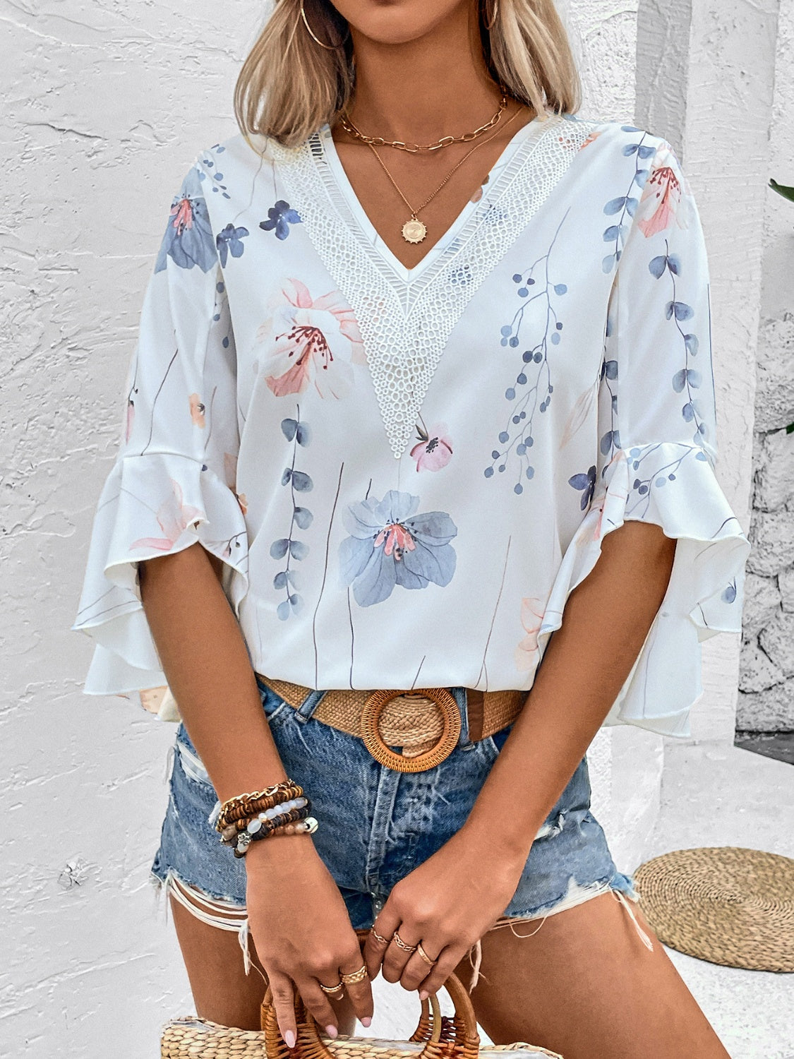 Ruffled Printed V-Neck Half Sleeve Blouse – product image 1