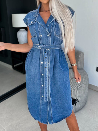Collared Neck Cap Sleeve Denim Dress – product image 9