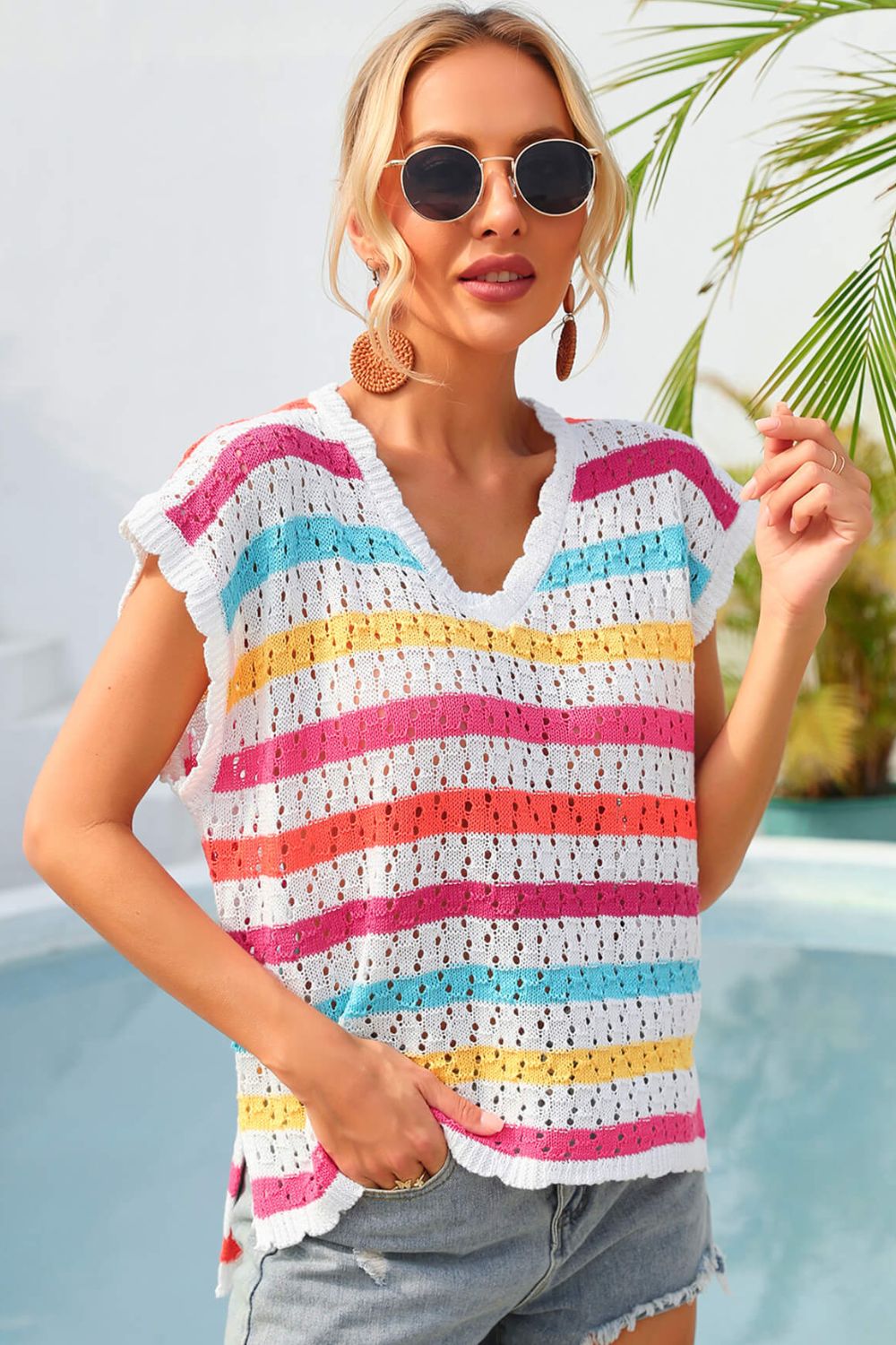 Striped V-Neck Slit Cover Up – product image 4