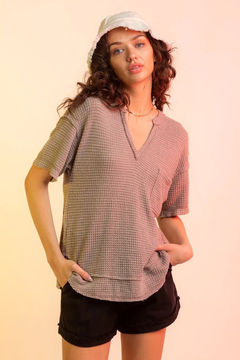 Waffle-Knit Notched Half Sleeve T-Shirt – product image 11