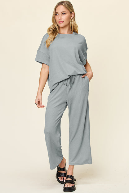 Double Take Full Size Texture Round Neck Short Sleeve T-Shirt and Wide Leg Pants – product image 26