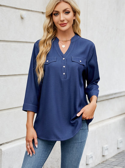 Notched Three-Quarter Sleeve Denim Top – product image 7