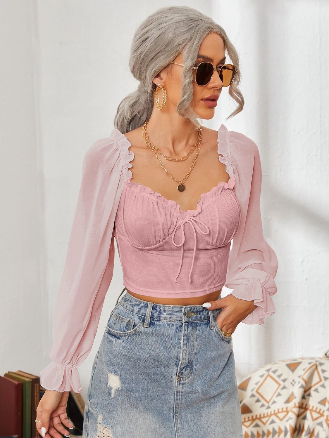 Mesh Sweetheart Neck Flounce Sleeve Top – product image 15