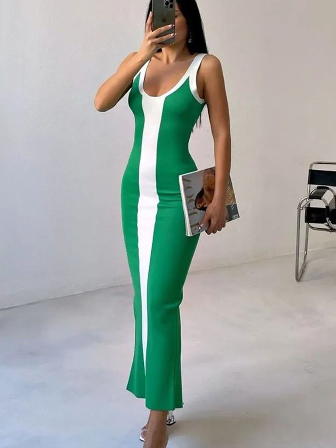 Contrast Wide Strap Slit Midi Dress – product image 11