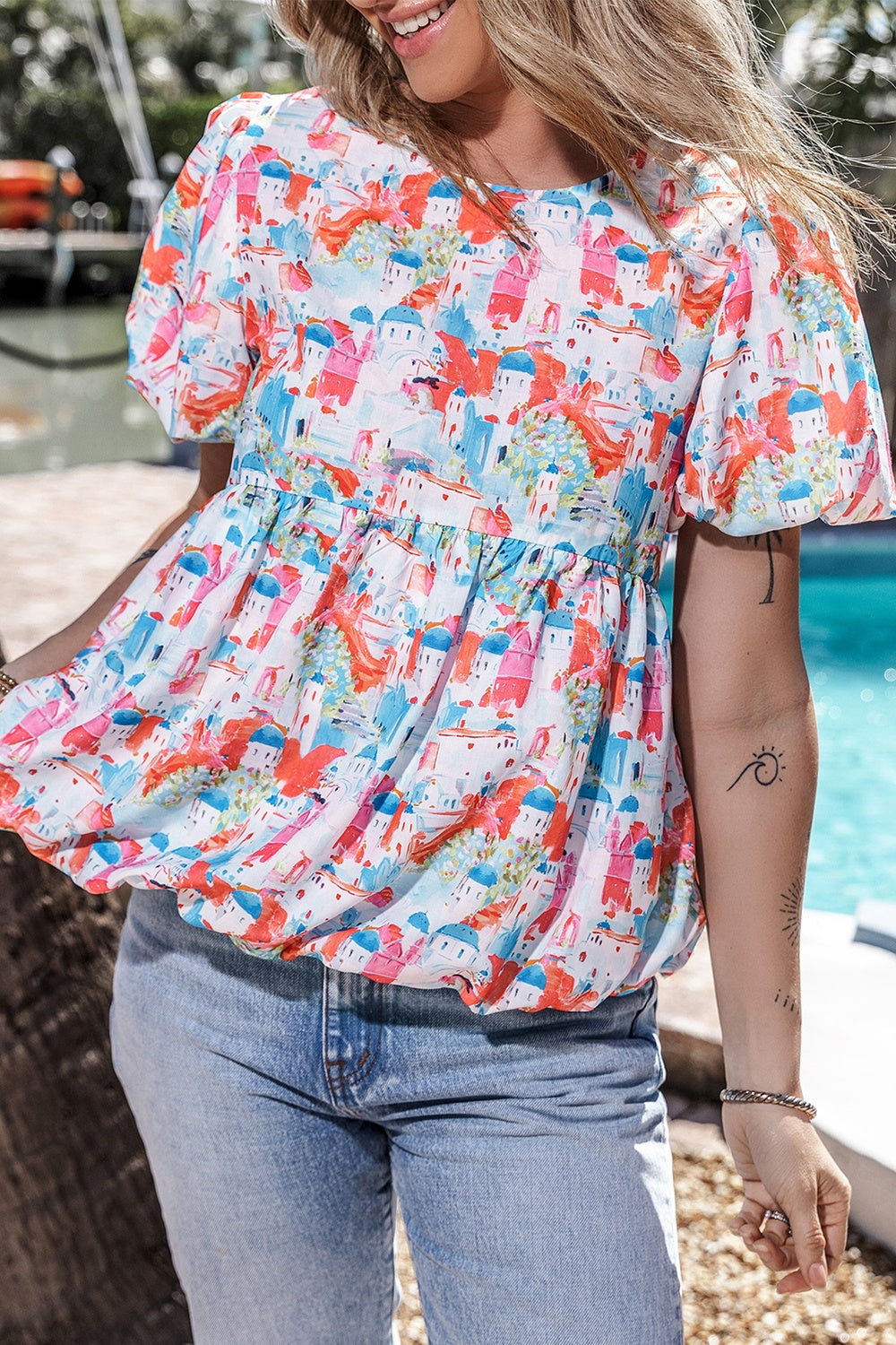 Printed Round Neck Puff Sleeve Blouse – product image 2