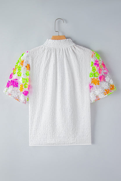 Sequin Flower Mock Neck Half Sleeve Blouse – product image 6