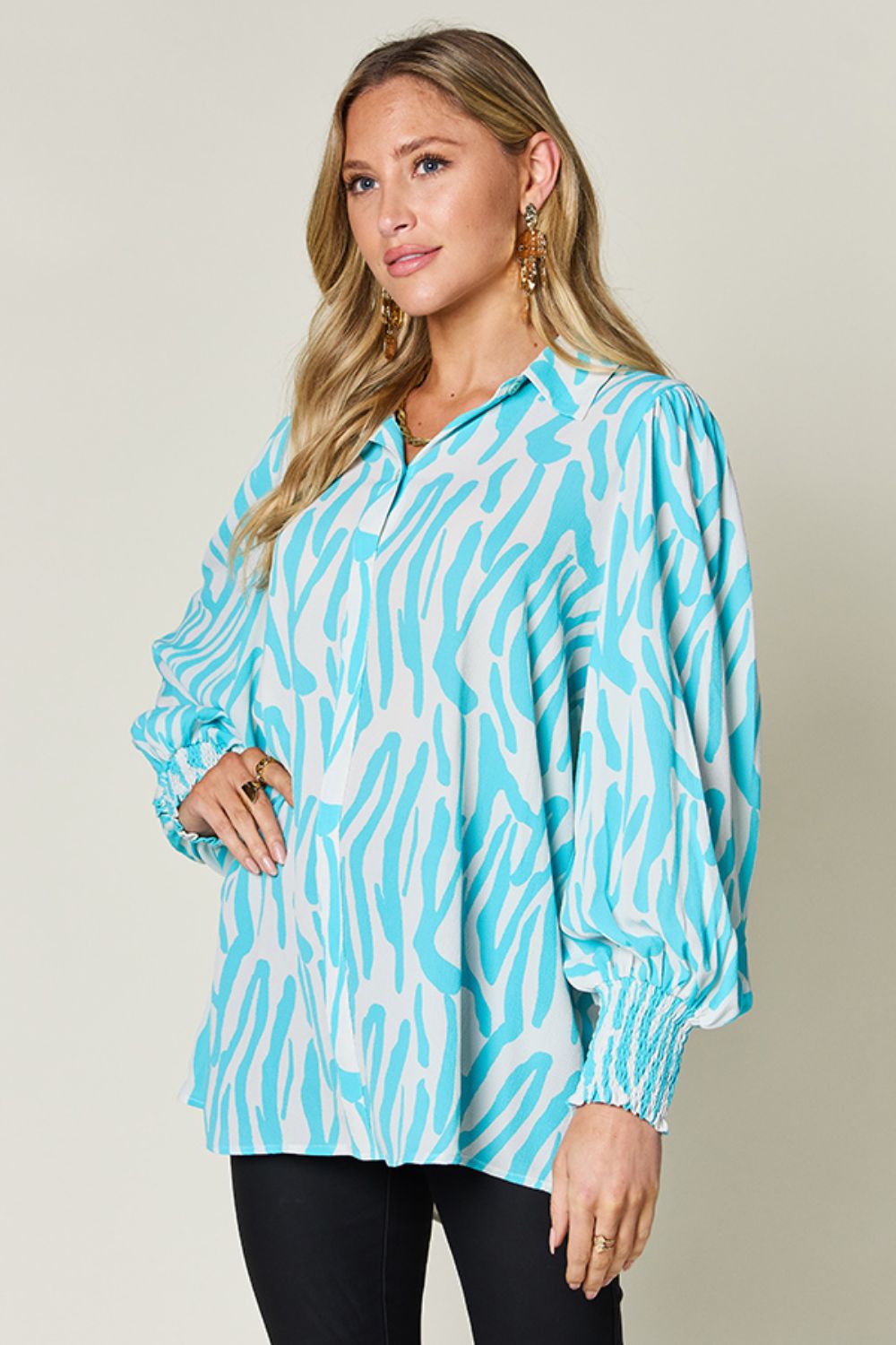 Double Take Full Size Printed Smocked Long Sleeve Blouse – product image 16