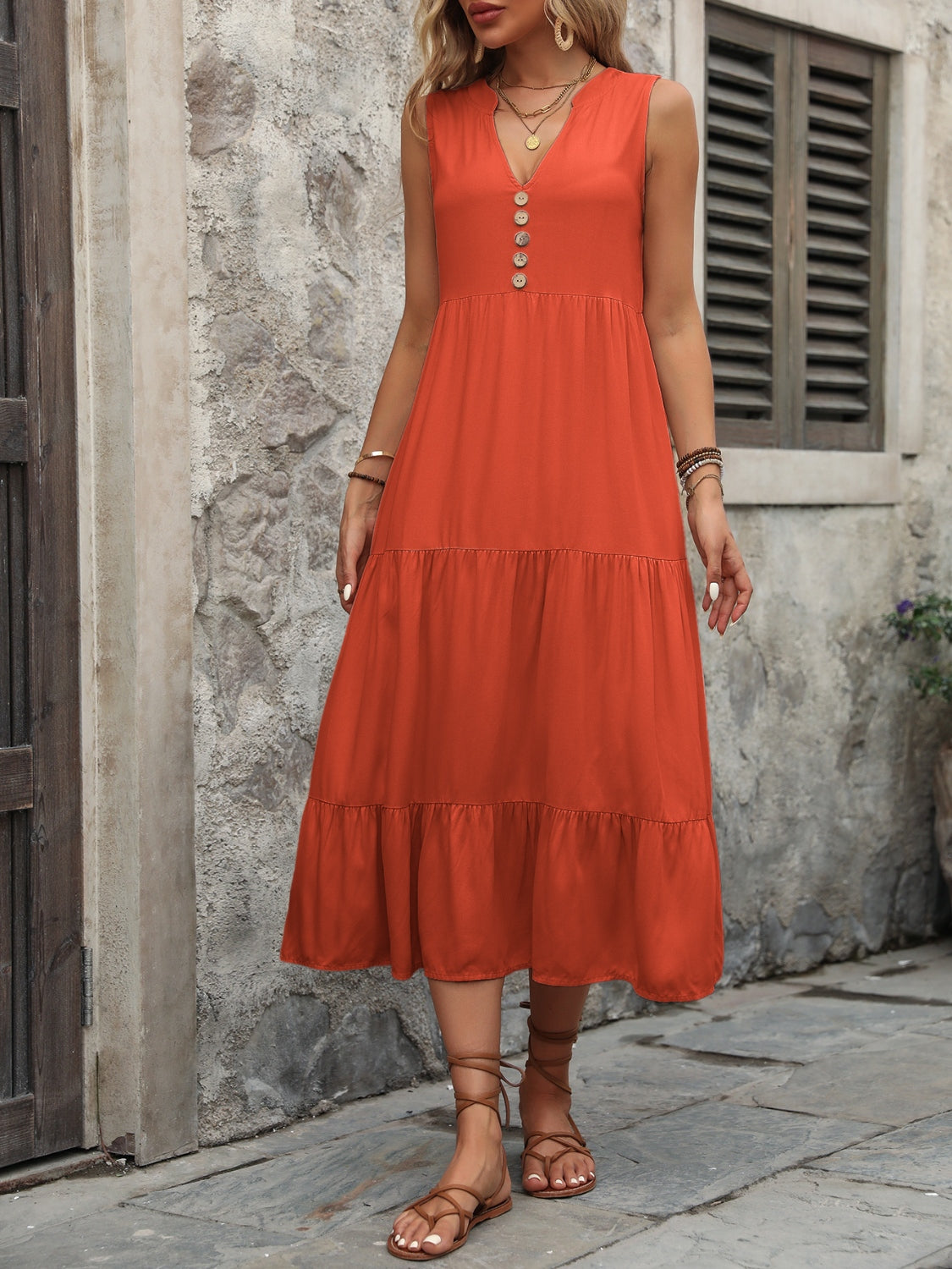 Decorative Button Notched Sleeveless Dress – product image 5