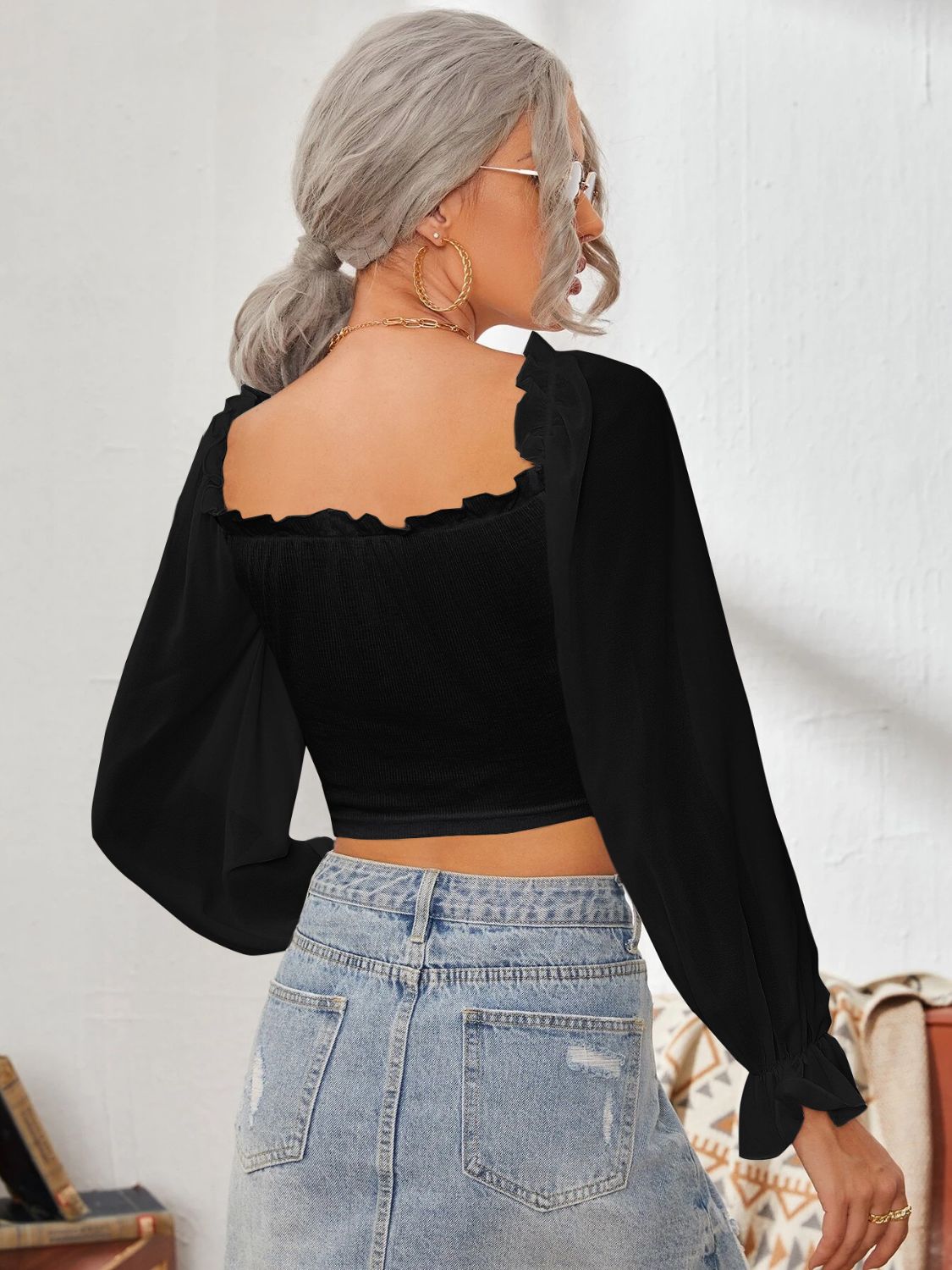 Mesh Sweetheart Neck Flounce Sleeve Top – product image 19