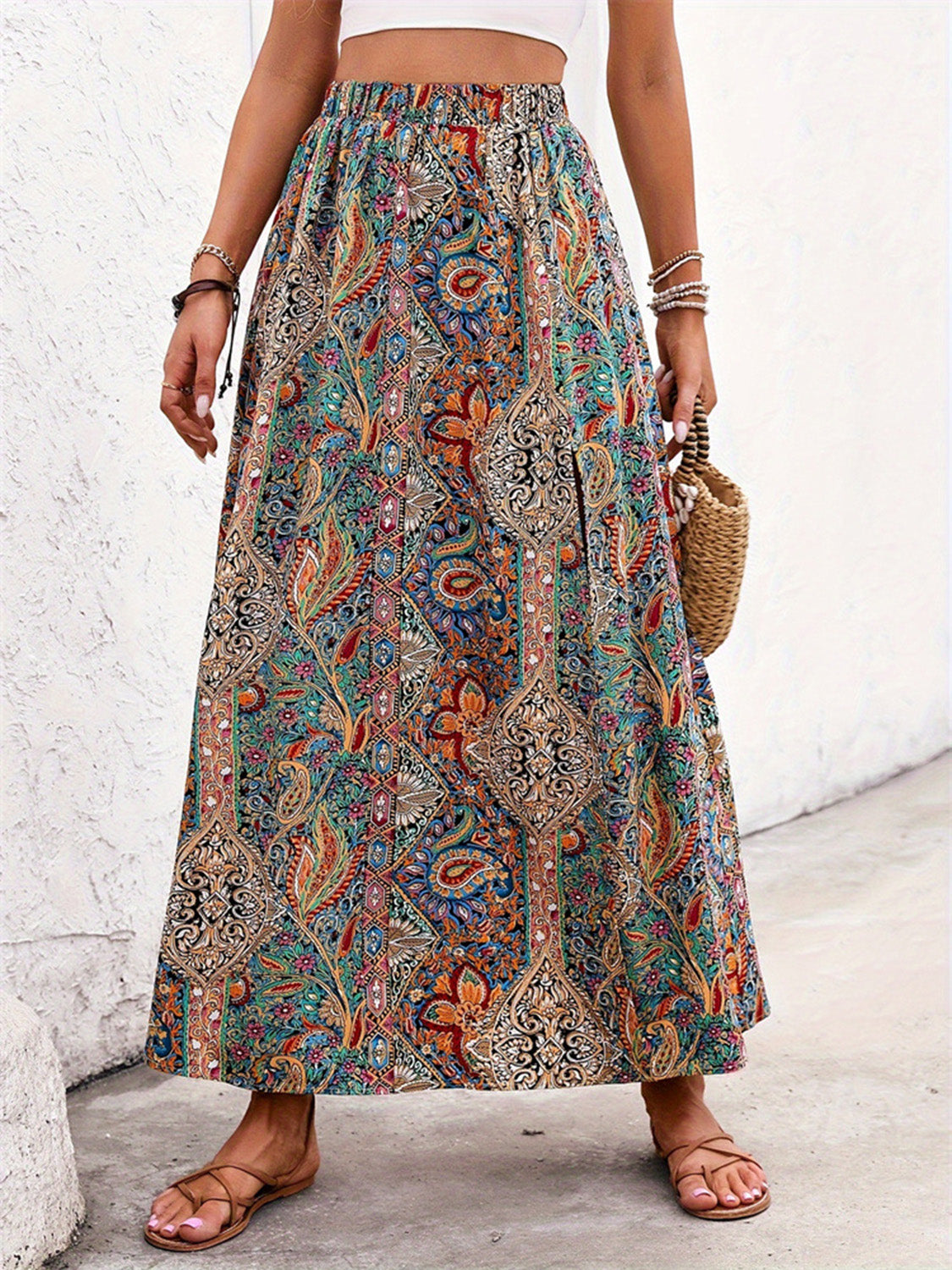 Slit Printed Elastic Waist Skirt – product image 2